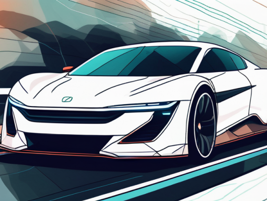 Prototyp eines schnellen Autos auf einer Teststrecke mit Tarnung, umgeben von hochmoderner Sensortechnik zur Leistungsueberwachung.