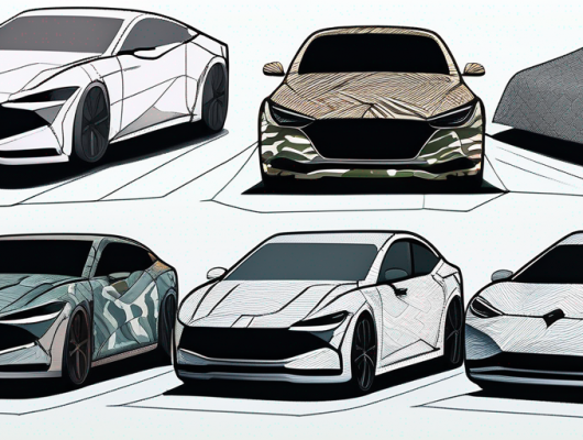 Vielfaeltige Tarnmuster auf Prototyp-Autos mit angedeuteten Karosserieformen unter Abdeckungen und subtile Formunterschiede erkennbar.