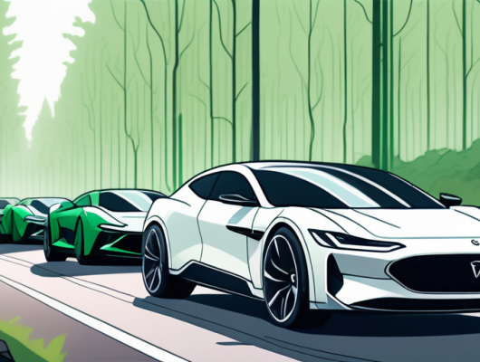 Gruppe schlanker, teilverdeckter Autos zeigt fortschrittliche Autotechnologie auf abgelegener Rennstrecke, umgeben von dichtem gruenem Wald.