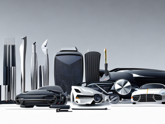 Glaenzendes Autoteil auf modernem Hintergrund, hochwertige Verarbeitung, konkurrenzfaehige Preise, Werkzeuge und Komponenten daneben.