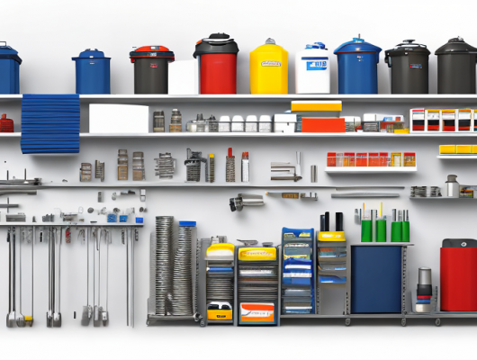 Erschwingliche Autoteile wie Zuendkerzen, Luftfilter, Bremsbelaege und Oelfilter auf Werkbank in ordentlich organisiertem Garage.