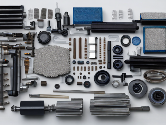 Nahaufnahme echte Autoteile wie Bremsbelaege und Filter auf sauberer Werkbank