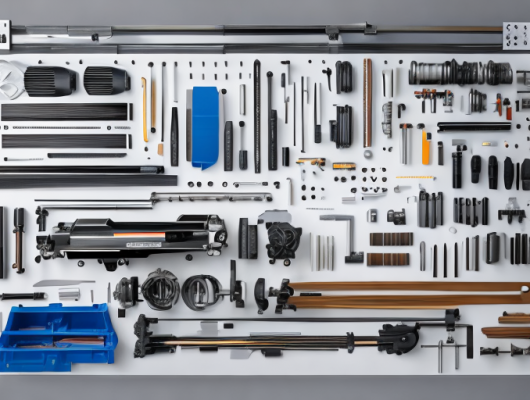 hochwertige Autoteile und Praezisionswerkzeuge ordentlich auf Werkbank angeordnet