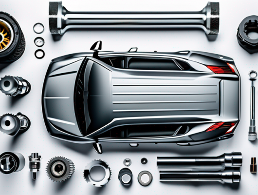 Hochleistungs-Autoteile und Werkzeuge fuer Fahrzeugtuning, darunter Auspuffsysteme, Bremsen und Motorteile, praesentiert mit fortschrittlicher Technologie und Praezisionsingenieurwesen.