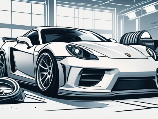 Hochleistungs-Autoteile wie Turbolader, individuelle Auspuffteile und fortgeschrittene Fahrwerkskomponenten in einer sauberen Werkstattumgebung.