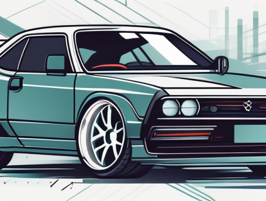 Kreative Darstellung von Autoersatzteilen wie Reifen, Lenkraeder und Auspuffsysteme, betont preiswerte Tuning-Optionen fuer Autoliebhaber.