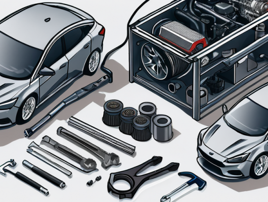 Auto-Tuning-Teile und Werkzeuge fuer die Leistungssteigerung, fokussiert auf Motor-Komponenten und Diagnosegeraete, auf einer ordentlichen Werkbank ausgelegt.