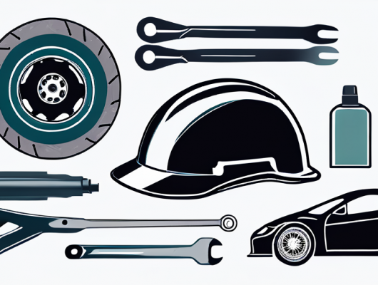 Automobilteile und Werkzeuge fuer Autotuning mit Helmen und Handschuhen zur Betonung der Sicherheit