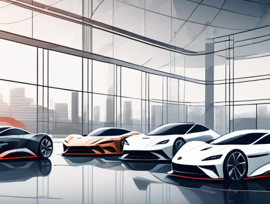 Bild zeigt eine Reihe schlanker, teilweise abgedeckter Autos in einer privaten Testeinrichtung mit exklusiven Designs und fortschrittlichen Funktionen vor moderner Automobilentwicklungskulisse.