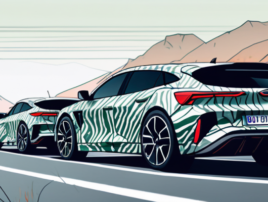 Prototyp-Autos mit Tarnfolie in Konvoi auf Teststrecke umgeben von Natur zur Verdeckung spezifischer Merkmale und Konturen