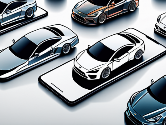 Smartphones und Tablets zeigen Tuning-Apps mit Motorteilen und Anpassungswerkzeugen in moderner Autowerkstatt