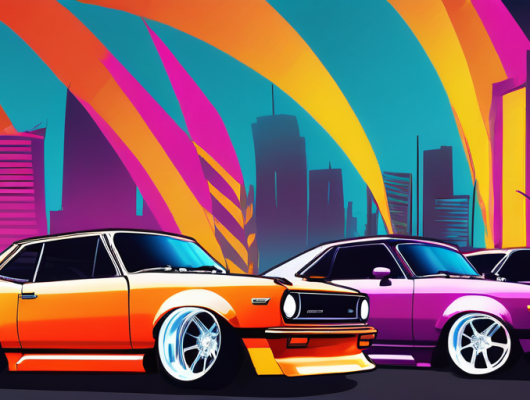 Bild zeigt personalisierte Autos mit einzigartigen Modifikationen bei einem belebten Outdoor-Tuning-Event mit lebendigen Farben und schlanken Designs.