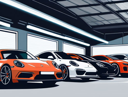 Auswahl verschiedener Automodelle in einer geraeumigen, gut beleuchteten Garage, ideal fuer Tuning.