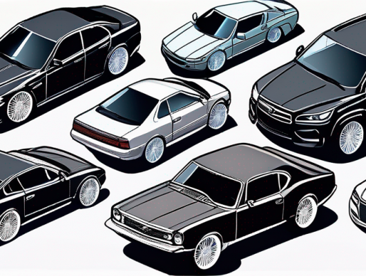 Automotive Tuning Kits auf glatter Oberflaeche, inklusive Auspuffe, Ansaugsysteme und Fahrwerkteile fuer Autoanpassung.
