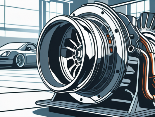 Hochleistungs-Autoteile mit Turbocharger, Motorblock und individuellem Auspuffsystem in einer hellen Werkstatt – Symbol fuer wichtige Tuning-Upgrades fuer bessere Leistung.