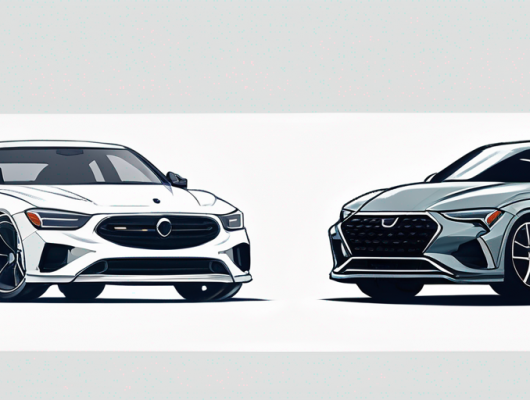 Vergleich zweier Autos nebeneinander, eines mit Zubehoerteilen, das andere original, Konzentration auf aeussere Unterschiede und Leistungssteigerungen in professioneller Umgebung.