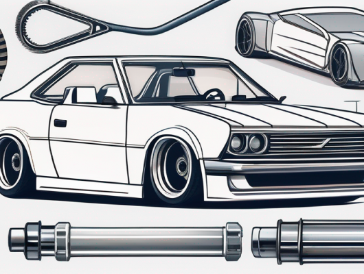 Nahaufnahme verschiedener Autoteile, betont verbesserte Komponenten fuer Autotuning, in einer professionellen Werkstatt.