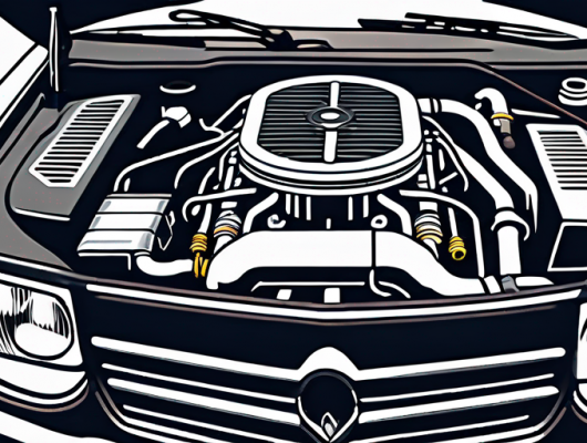 Auto-Tuning-Werkzeuge und Ausruestung um einen offenen Motorraum angeordnet, betonen Praezision und Fachwissen in der Fahrzeugtechnik.