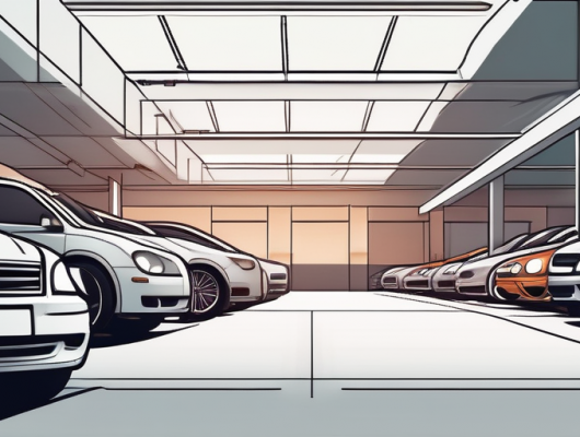 Geschuetzter Parkplatz mit Autos und Motorraedern, repraesentativ fuer umfassende Kfz-Versicherungsangebote, in einer gepflegten Garage