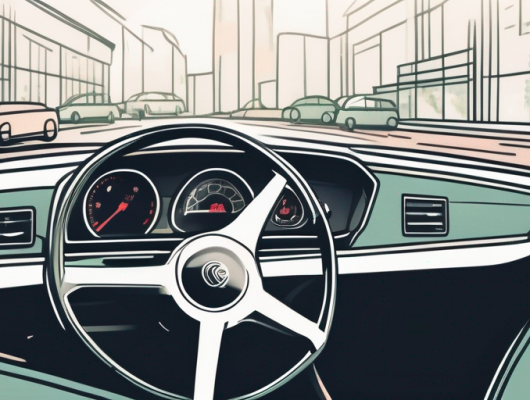 Auto-Lenkrad und Armaturenbrett, symbolisiert Kfz-Versicherung mit Spar-Symbolen wie Muenzen und Sparschwein zur Betonung von Kostenreduktion.