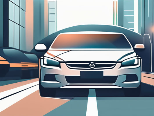 Nahaufnahme des Vorderbereichs eines Autos mit Scheinwerfern und Kuehlergrill, verschwommener Hintergrund einer belebten Stadt, betont die Bedeutung der Kfz-Versicherung in städtischen Gebieten.