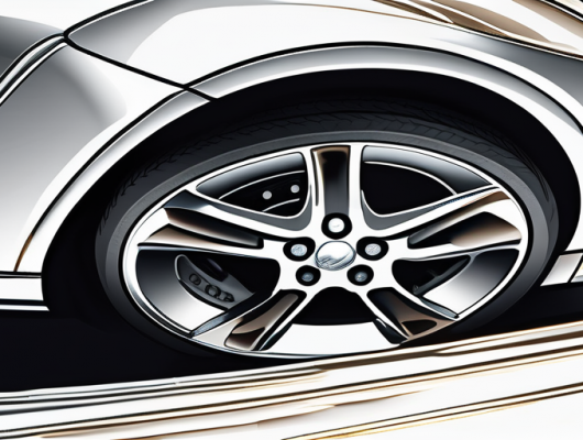 Nahaufnahme glaenzender Auto-Details mit Schwerpunkt auf reflektierender Oberflaeche und elegantem Design, betont die Notwendigkeit einer guten Kfz-Versicherung, erschwingliche Policendokumente teilweise sichtbar.