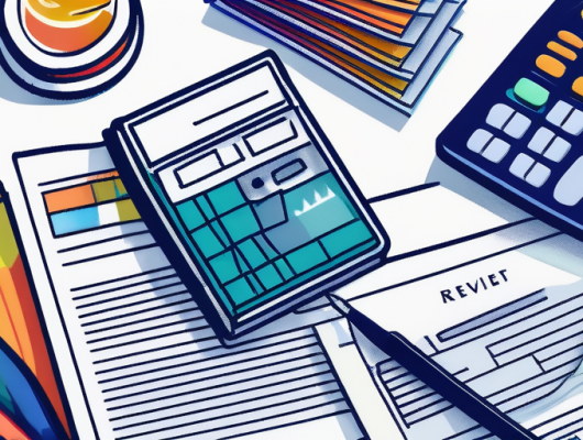 Bunte, ordentlich angeordnete Kfz-Versicherungsdokumente und Broschueren auf einem Schreibtisch, mit Symbolen fuer verschiedene Deckungsoptionen, Rechner und Brille darauf.