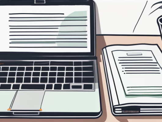 Schreibtisch mit geoeffnetem Laptop auf Autoversicherungs-Webseite, neben Prospekten und Notizblock mit Stift, betont Forschung zu Kfz-Versicherungsoptionen.