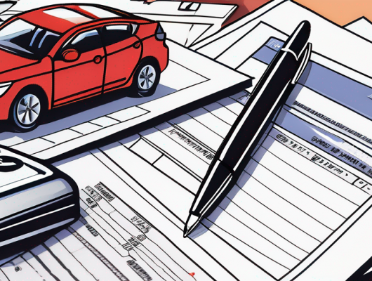 Nahaufnahme von Autoversicherungspolicen mit Rechner, Brille und Stift fuer haeufige Fahrer, mit Strassenhintergrund.