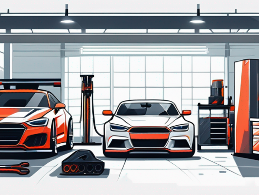 Moderne, gut ausgestattete Autotuning-Werkstatt mit fortschrittlichen Werkzeugen und hochleistungsfähigen Fahrzeugteilen, professionelle Atmosphaere fuer Fahrzeugverbesserungen.