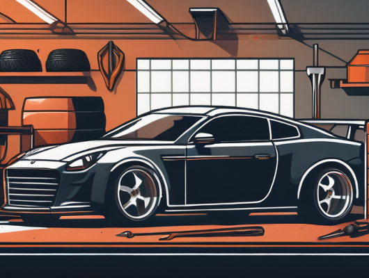 Autoteile und Werkzeuge fuer Fahrzeugtuning in einer dunklen Garage, ideal fuer Anfaenger in der Fahrzeuganpassung.