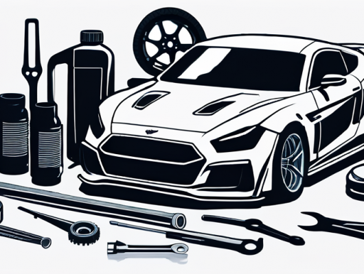 Automobil-Tuning-Werkzeuge ordentlich angeordnet mit Schraubenschluesseln und Diagnosegeraeten, im Hintergrund die Silhouette eines Sportwagens zur Betonung der Leistungssteigerung.