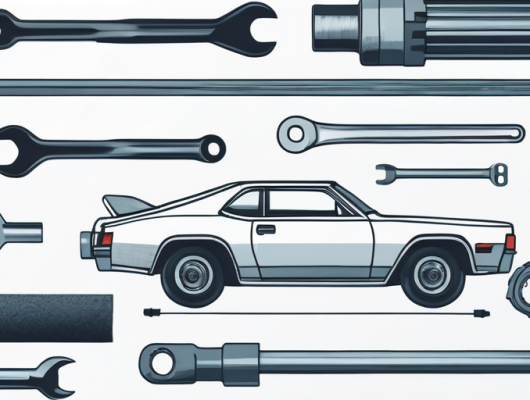 Sammlung von Kfz-Werkzeugen ordentlich angeordnet auf einer Werkbank und Nahaufnahme von Autokomponenten, die haeufig fuer Leistungssteigerungen verwendet werden.