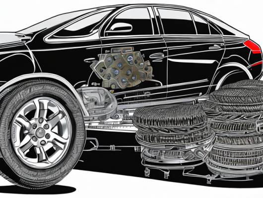 Verschiedene Autoteile wie Bremsbelaege, Motorkomponenten und Reifen mit Markierungen fuer haeufige Probleme, Mechaniker bei Fahrzeugarbeit.