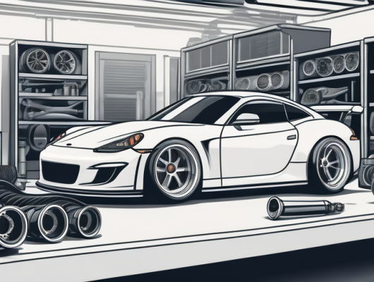 Hochleistungs-Autoteile wie fortschrittliche Auspuffsysteme, Turbolader und Fahrwerkskomponenten in einer sauberen, organisierten Werkstatt zur Betonung von Praezision im Auto-Tuning.