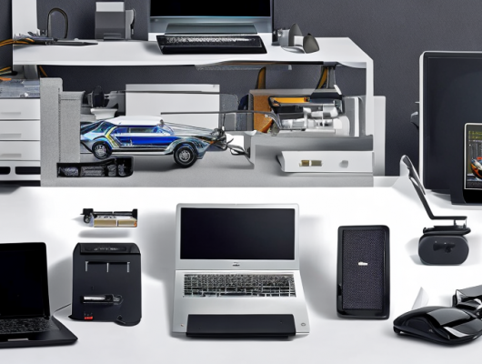 Autoteile auf moderner Werkbank mit Laptop und Online-Shop im Hintergrund.