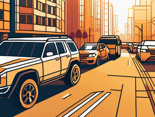 Vielfaeltige Fahrzeuge wie Auto, Motorrad und SUV geparkt auf belebter Stadtstrasse im goldenen Licht des Sonnenuntergangs, Symbol fuer diverse Faktoren der Kfz-Versicherungspreise.