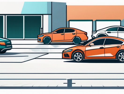 Verschiedene Fahrzeuge, darunter Autos und Motorraeder, ordentlich in einem geraeumigen, sicheren Parkplatz geparkt, mit hellen Infografiken zu Tipps fuer kostenguenstige Kfz-Versicherungen.