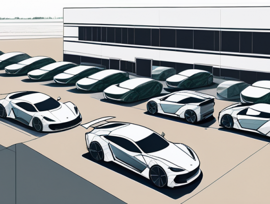 Reihe von getarnten Prototyp-Fahrzeugen in einer Testanlage, die verschiedene Phasen der Automobilentwicklung mit fortschrittlicher Technik und Sensoren zeigen.