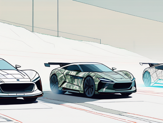 Getarnte Prototyp-Fahrzeuge waehrend der Testphase auf einer Teststrecke, wichtig fuer die Analyse neuer Automobildesigns.