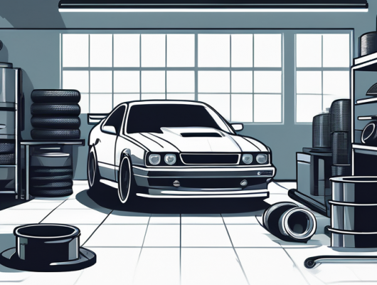 Sammlung verschiedener Leistungsteile fuer Autos wie Auspuffanlagen, Turbolader und Raeder in einer sauberen, organisierten Werkstatt, die Elemente des Fahrzeugtunings hervorhebt.