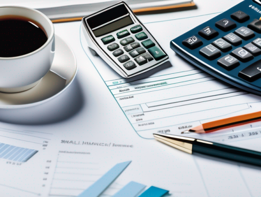 Taschenrechner, Dokumente und kleines Modellauto auf einem Tisch, symbolisieren Finanzplanung und Kosteneinsparungen bei der Kfz-Versicherung, ordentlicher Arbeitsbereich zur Verwaltung der persoenlichen Finanzen.