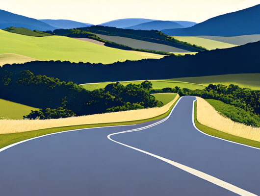 Restauriertes Vintage-Auto auf malerischer Strasse vor Huegeln und offenem Himmel