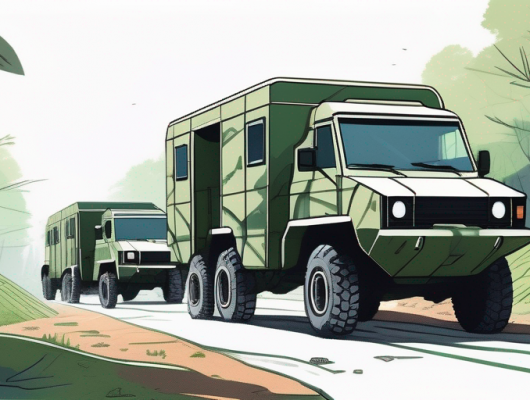 Getarnte Fahrzeugprototypen auf abgelegener Teststrecke umgeben von gruener Vegetation