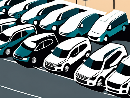 Flotte von verschiedenen Geschaeftsfahrzeugen systematisch in einem offenen Parkbereich geparkt, betont die Bedeutung der kommerziellen Kfz-Versicherung, helle Sonne hebt sorgfaeltige Pflege hervor.