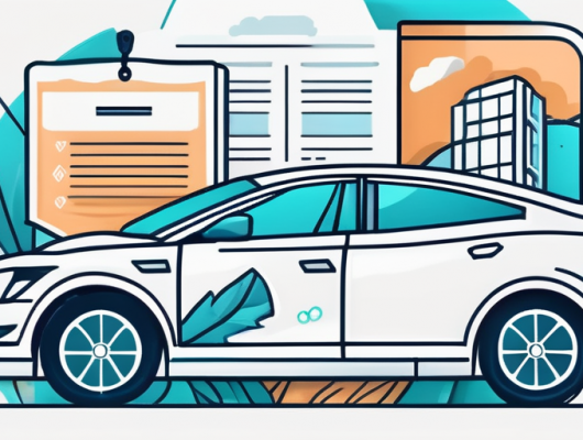 Auto-Versicherungsdokumente umgeben von Schutzschildern und Sicherheitsicons, die die Bedeutung umfassender Deckung betonen.