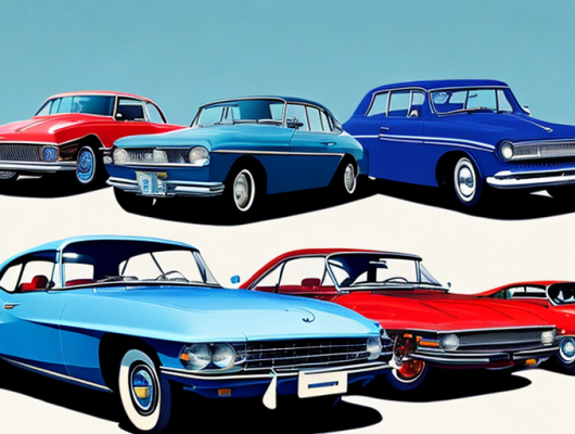 Fuenf klassische Oldtimer, restauriert, in einer Reihe unter klarem blauen Himmel.