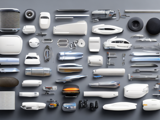 Nahaufnahme diverser Autoteile ordentlich angeordnet auf sauberer, gut beleuchteter Arbeitsflaeche, qualitative Vielfalt.