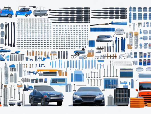 Autoersatzteile organisiert im sauberen Werkstatt, bereit fuer fachgerechte Wartung und Reparatur.