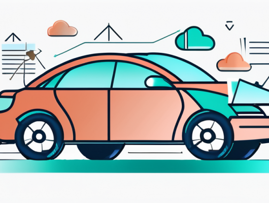 Auto mit Versicherungssymbolen wie Schild und Dokument zur Darstellung von Selbstbeteiligung in der Kfz-Versicherung, Hintergrund betont Kostenmanagement und Schutz.